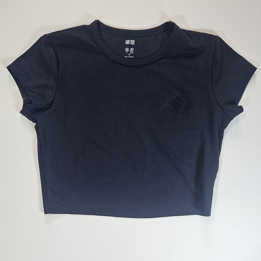 Uniqlo Cropped Tee Womens Medium Black‎ Dry Cool Touch Summer Beach Top (Flaw)